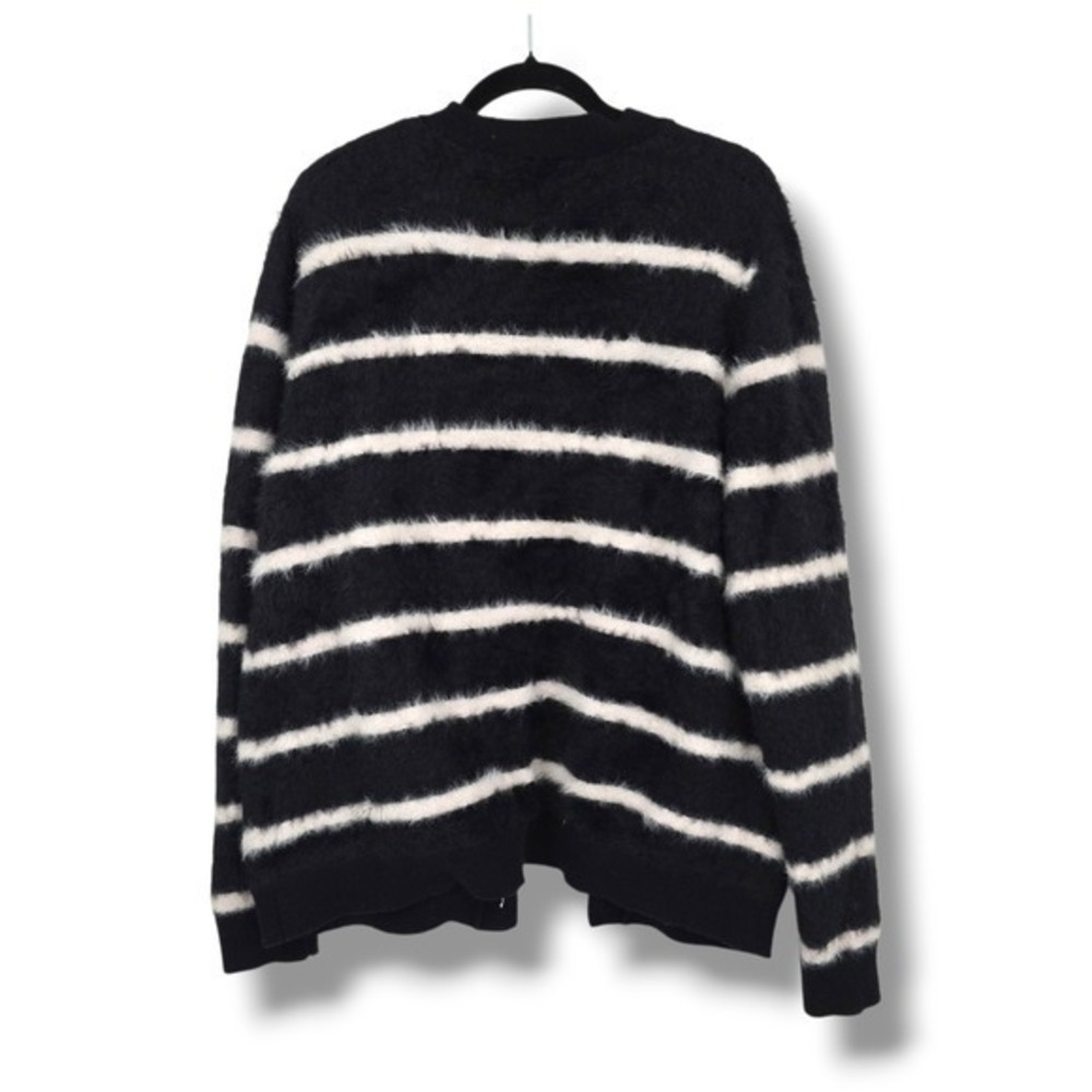 INC International Concepts Women Black White Stripe Fuzzy Cardigan Sweater Med - Picture 2 of 10